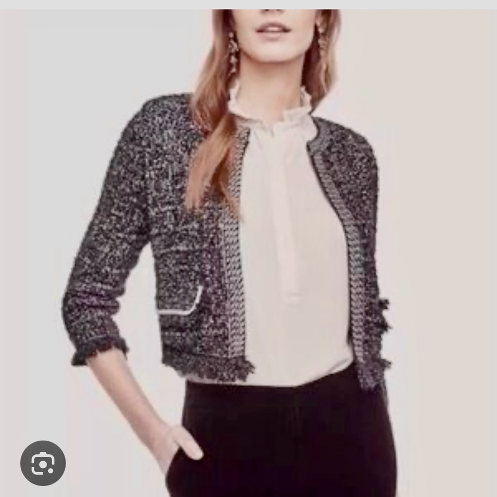 Ann Taylor Tweed 3/4 Sleeve Jacket.  Black, silver.  Size L.